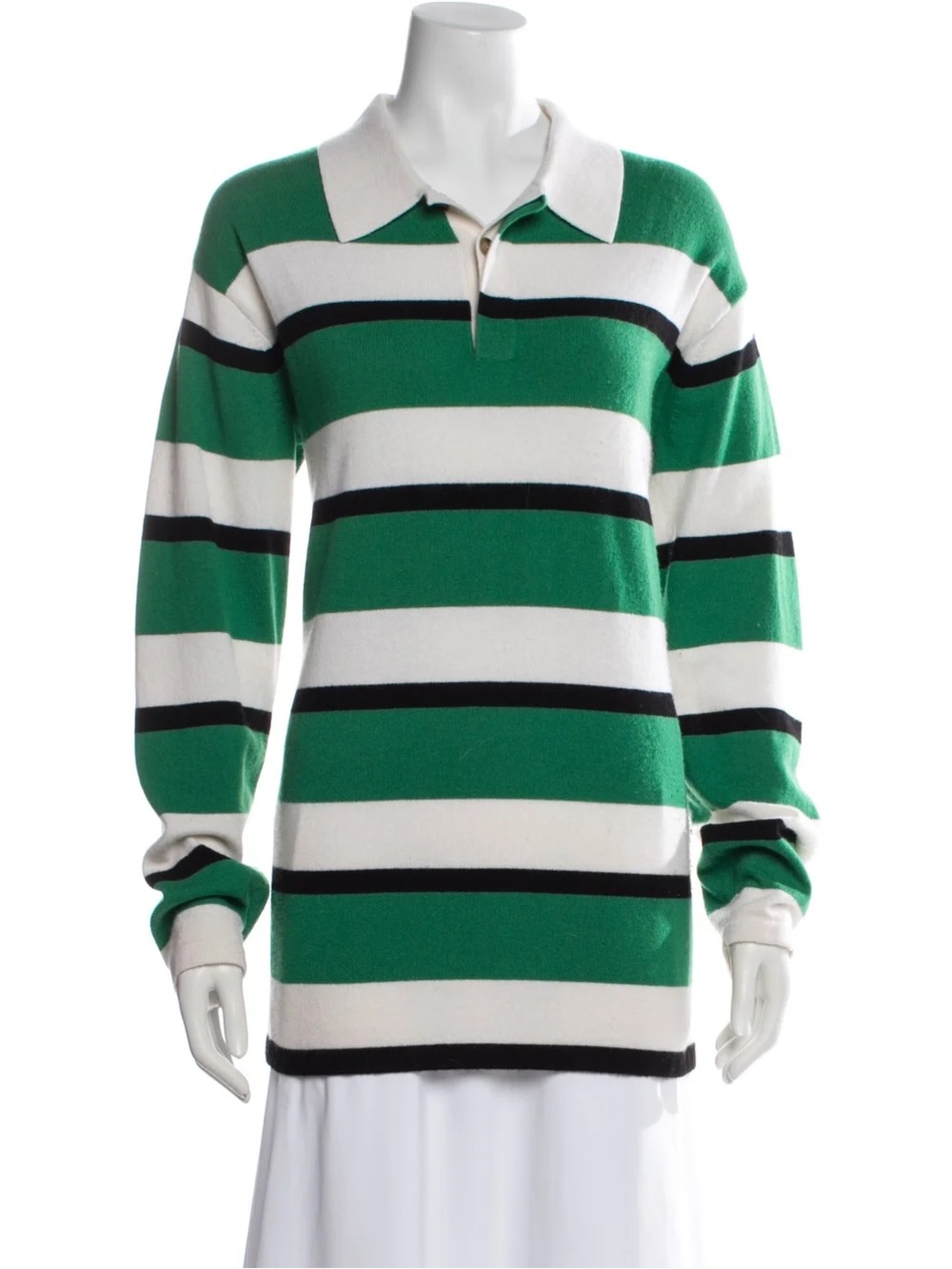 Guest in Residence Women's Green & White Striped Polo Sweater (Fixed Callout)